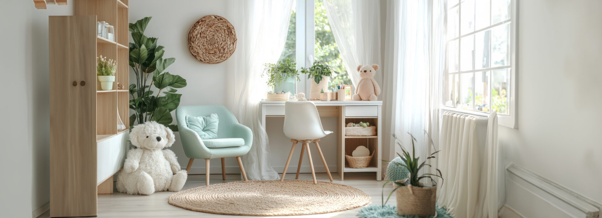 Scandinavian Chic: Cozy Child's Room with Mint Armchair, Wooden Cabinet, Plush Toys, and Eucalyptus Accents